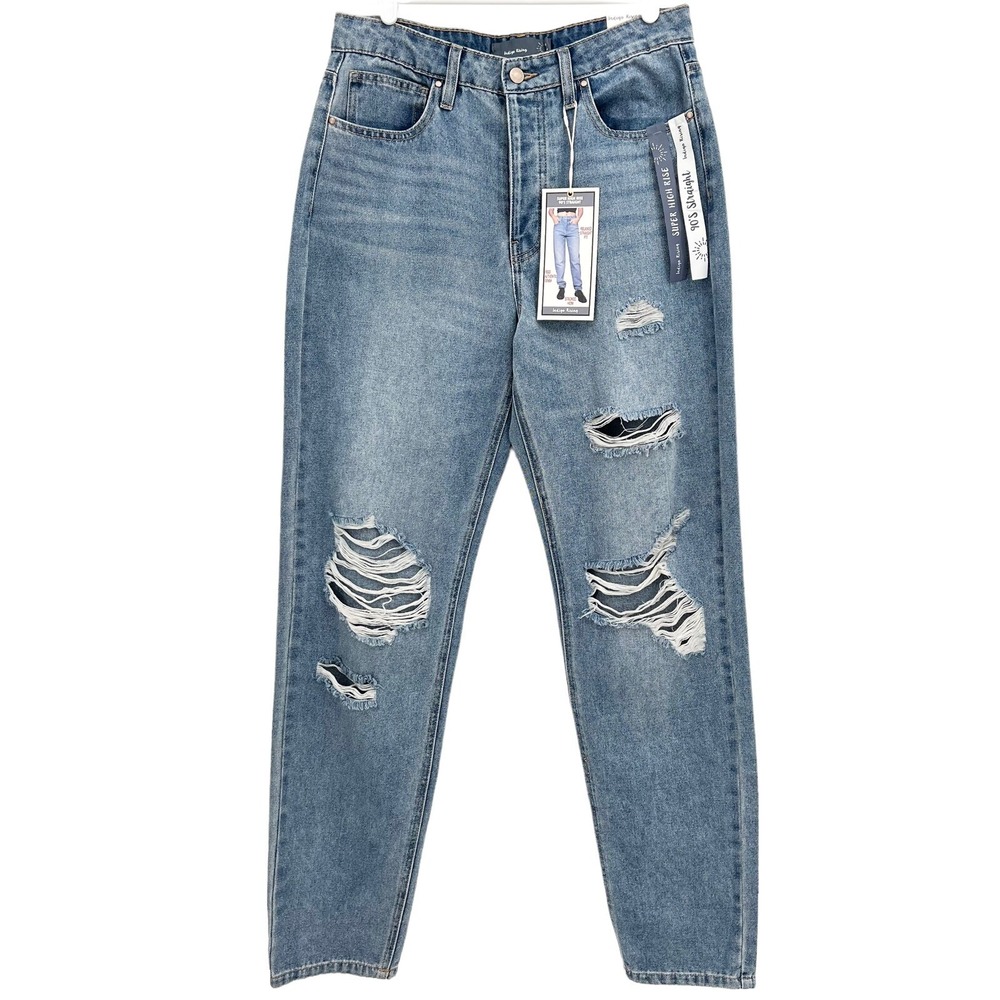 Indigo Rising Women's Blue Jeans 7/28 Relaxed 90's Distressed Straight High Rise